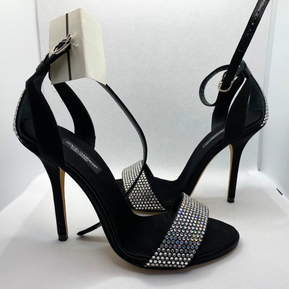 Dolce&Gabbana Black Crystal Embellished Satin Ankle Strap Sandals Heel Sz 36 / 6